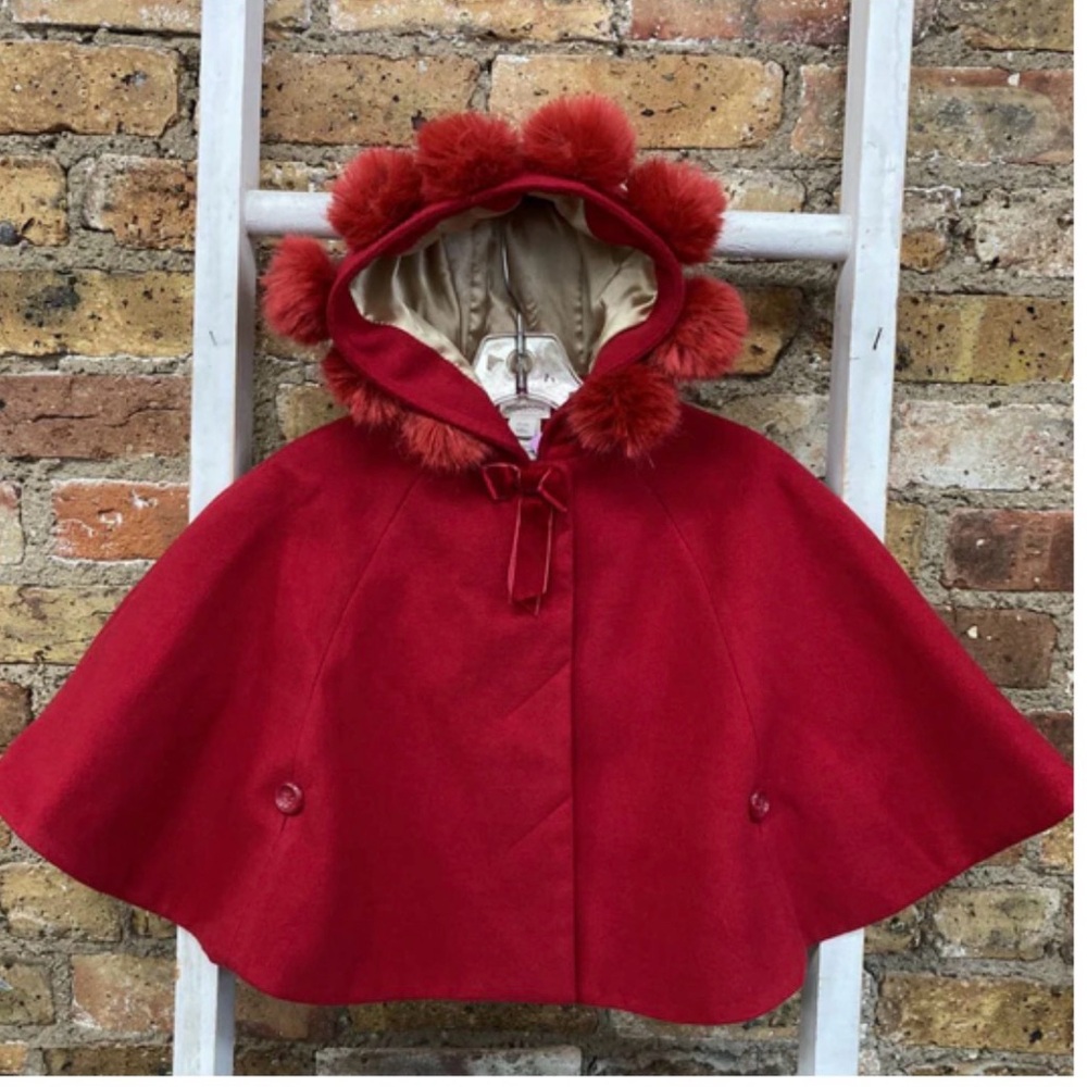 Monsoon Red Hooded Cape with Pom Poms